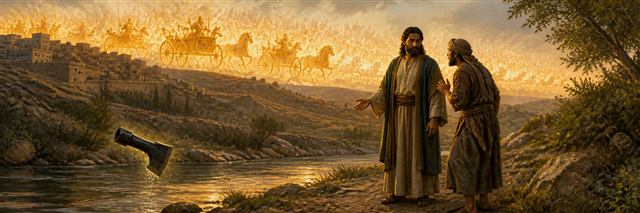 Elisha reassuring his servant as fiery chariots fill the hills and an axe head floats